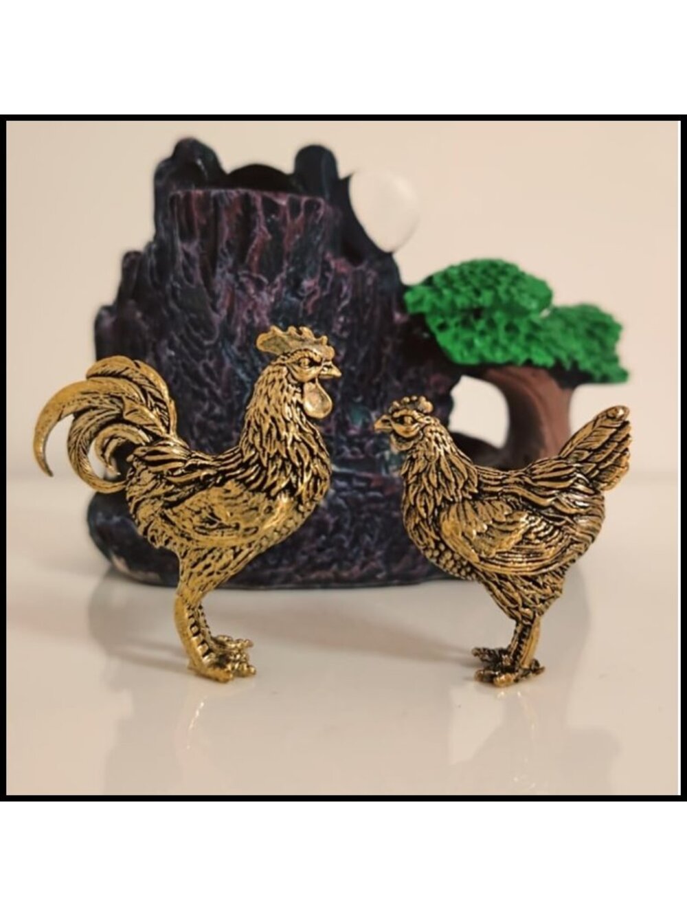 Brass Rooster Figurine Set Vintage Fengshui Wealth Statue Desk Decor